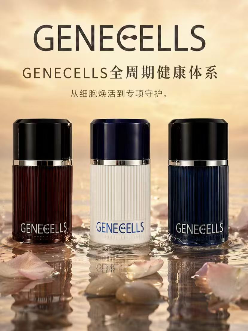 GENECELLS 三款产品：红棕、白色与深蓝瓶